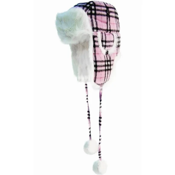 Yukon Tracks pink plaid and rabbit fur trapper hat with poms Large